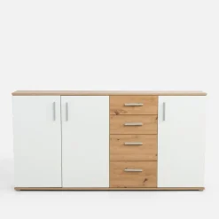 FORTE Komoda 3-drzwiowa z 4 szufladami IKOLI biała dąb artisan