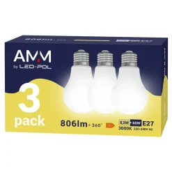 Żarówki Klasyczne|LED-POL Komplet 3 żarówek LED E27 8,5W barwa ciepła AMM-E27-A60-8,5W-WW