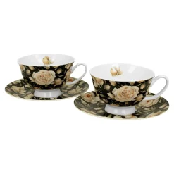 Filiżanki I Spodki| Komplet 2 filiżanek ze spodkami ROYAL ENGLISH ROSES BLACK 250 ml