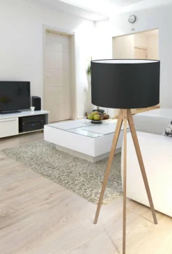 Lampy Podłogowe|TK Tomasz Krywult Lampa na drewnianym trójnogu abażur czarny TREVISO