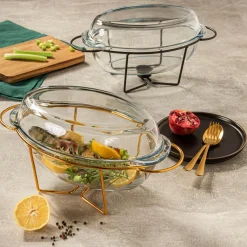 Formy, Naczynia I Akcesoria Do Pieczenia| Naczynie żaroodporne z podgrzewaczem złotym owalne SAULE 4,5 l