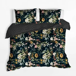 inny Pościel bawełniana czarna w kwiaty FLOW 160x200 cm