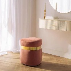 Pufy I Podnóżki| Puf ze złotą obręczą różowy TONDOSIL