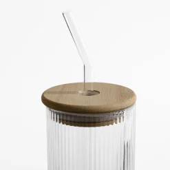 Szklanki I Kubki|inny Szklanka ryflowana z bambusową pokrywką i słomką 320 ml