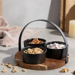 Miski, Patery I Półmiski|inny Zestaw 3 miseczek na akacjowej podstawie z uchwytem 20 cm