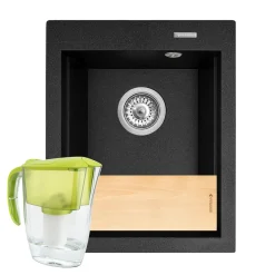 Zlewozmywaki|PYRAMIS POLSKA SPÓŁKA Z OGRANICZONĄ ODPOWIEDZIALNOŚCIĄ Zlewozmywak czarny NOTUS 39x48 cm + deska kuchenna i dzbanek z filrem