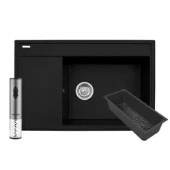 Zlewozmywaki|PYRAMIS POLSKA SPÓŁKA Z OGRANICZONĄ ODPOWIEDZIALNOŚCIĄ Zlewozmywak z wkładką ociekową prawy karbon ARES 79x50 cm + korkociąg